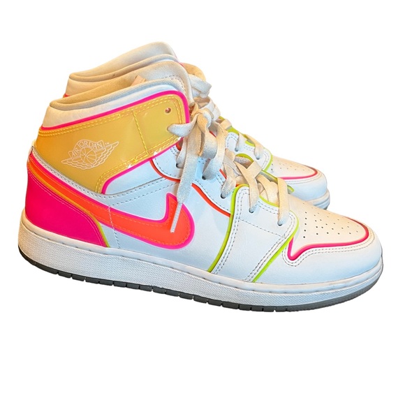 Jordan Shoes - Nike Air Jordan 1 Mid Edge Glow White Hyper Crimson Pink Blast Youth 6.5 Women 8